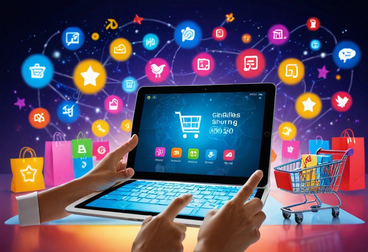 A visually engaging scene of a person browsing an online store on a tablet, surrounded by icons representing different strategies for online shopping like discounts, reviews, and comparison charts. The background features an abstract representation of digital marketplaces, with bright colors symbolizing smart purchasing decisions. Include elements like shopping carts, dollar signs, and alert icons for sales. super-realistic. vibrant colors. 3D.