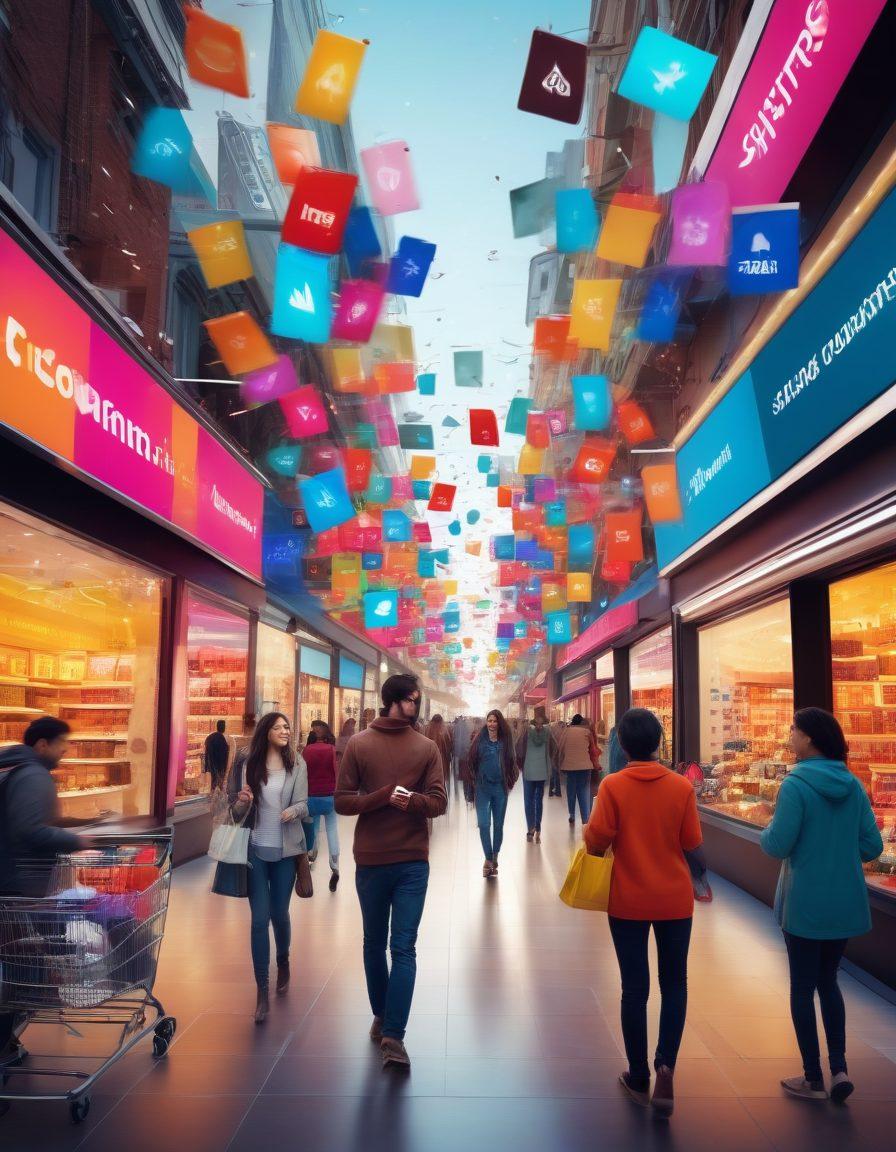 A bustling digital marketplace filled with vibrant shopping carts and discount tags flying around. Showcase a diverse group of shoppers excitedly browsing colorful digital screens, comparing products and reading reviews, with sleek tech devices in hand. Add visually appealing icons representing discounts, star ratings, and shopping bags, creating an atmosphere of enthusiasm and savvy shopping techniques. The background should depict a blend of technology and commerce with a futuristic vibe. super-realistic. vibrant colors. 3D.