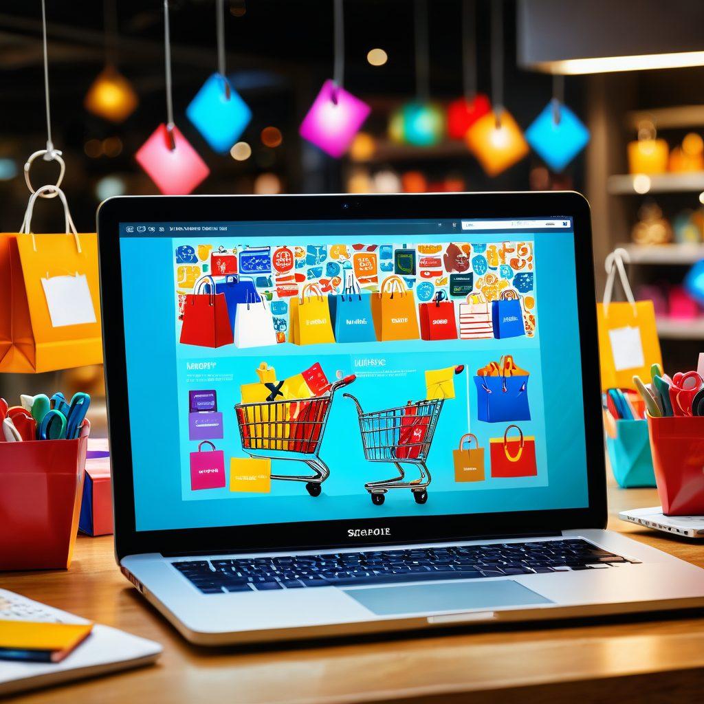 A modern online shopping scene depicting a diverse group of happy shoppers engaging with a vibrant digital storefront filled with colorful products. Include elements like a shopping cart loaded with items, a glowing laptop showcasing a sales dashboard, and expressive facial reactions of excitement. Incorporate visual metaphors like keys unlocking treasure chests to symbolize the secrets of successful shopping. Emphasize a bright, inviting atmosphere with a blend of warm colors. super-realistic. vibrant colors. 3D.
